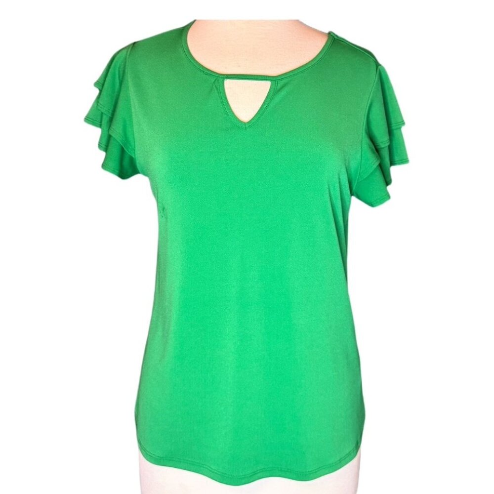 Adrianna Papell Green Top Flowy Short Sleeve Blouse High Quality Nice Drape SM